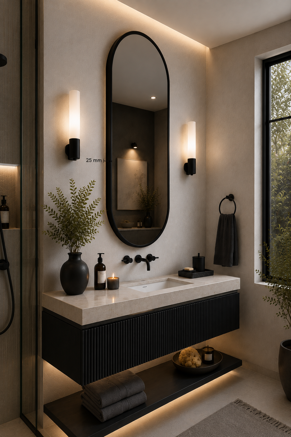 Aria™ Capsule Mirror in Matte Black, 20"x40", side view