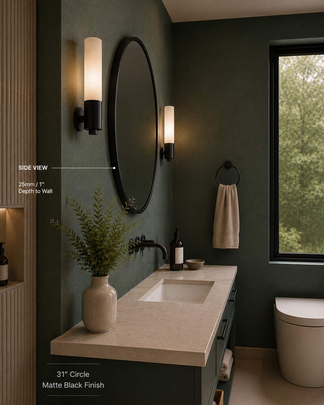 Dario™ Circle Mirror in Matte Black, 31" Dia., side view