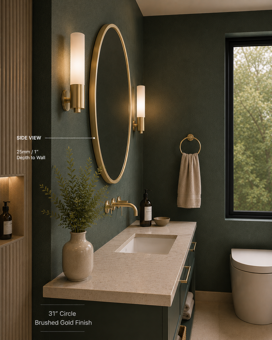 Dario™ Circle Mirror in Brushed Gold, 31" Dia., side view