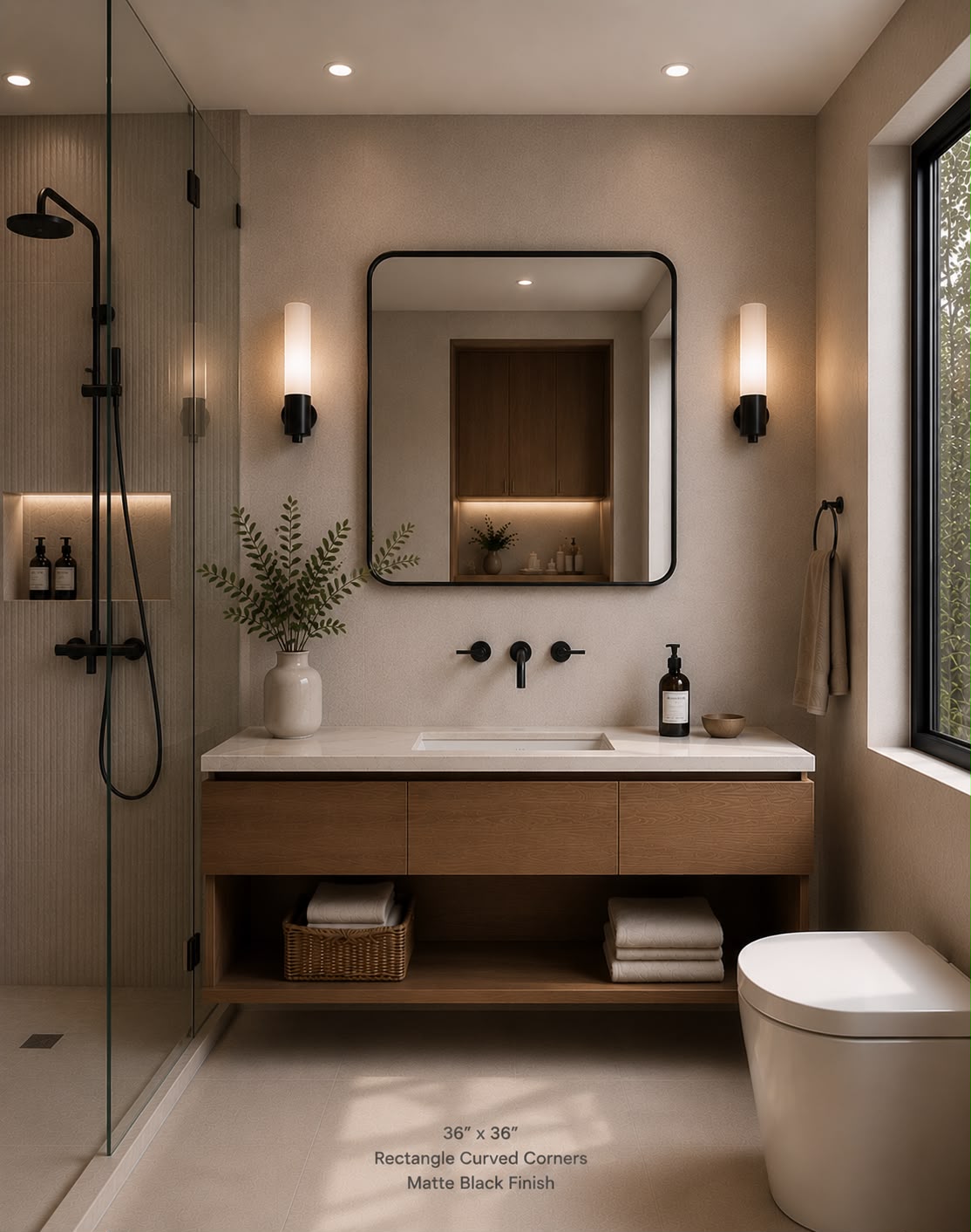 Vante™ Curved Rectangle Mirror in Matte Black, 36"x36"