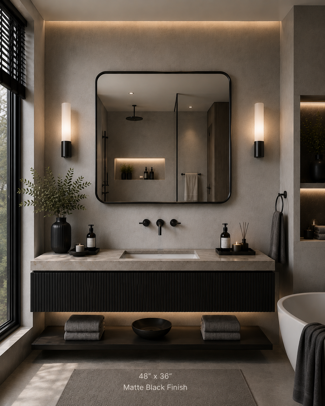 Vante™ Curved Rectangle Mirror in Matte Black, 48"x36"