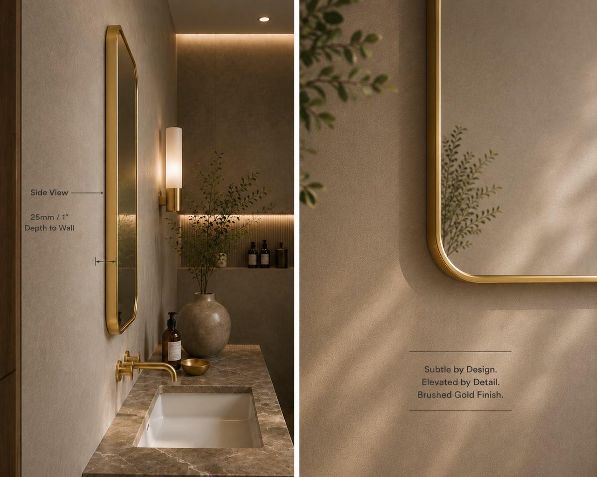 Vante™ Curved Rectangle Mirror in Brushed Gold, 24"x40", side view