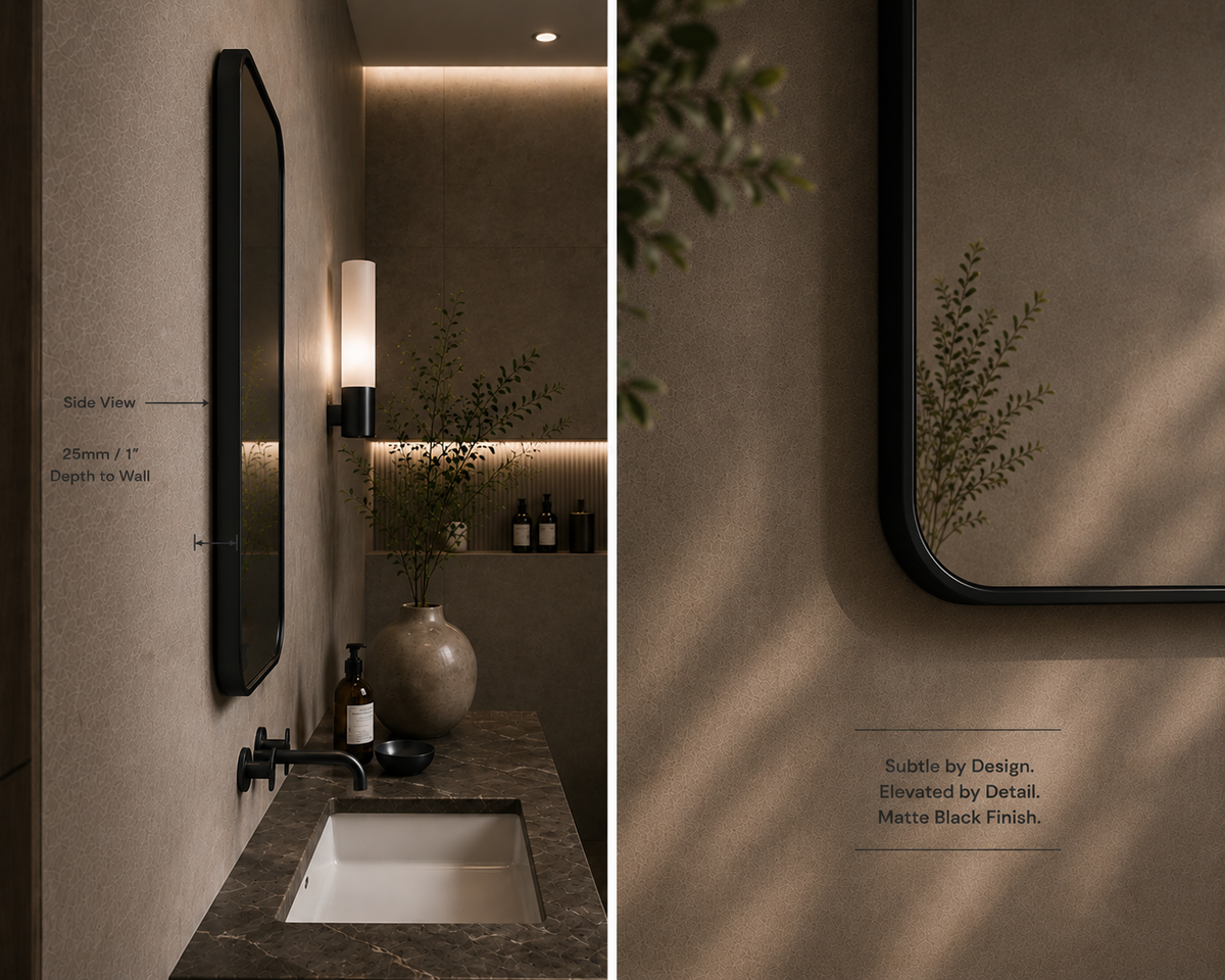 Vante™ Curved Rectangle Mirror in Matte Black, 24"x40", side view