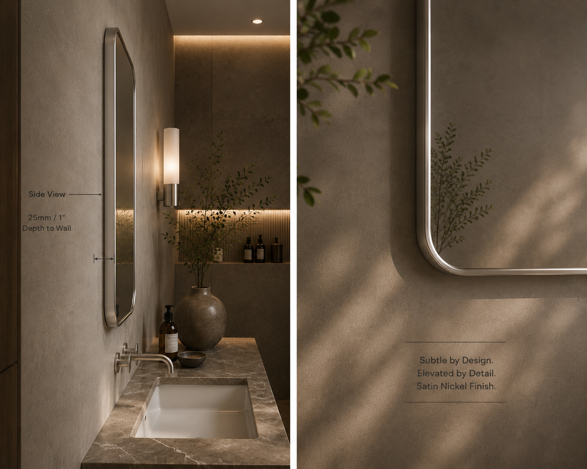 Vante™ Curved Rectangle Mirror in Satin Nickel, 24"x40", side view