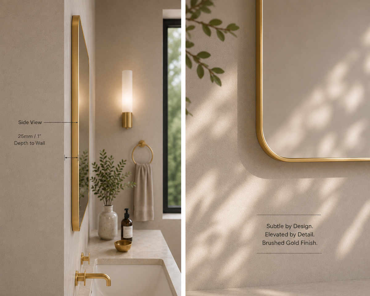 Vante™ Curved Rectangle Mirror in Brushed Gold, 36"x36", side view