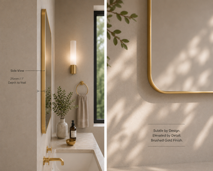 Vante™ Curved Rectangle Mirror in Brushed Gold, 36"x36", side view