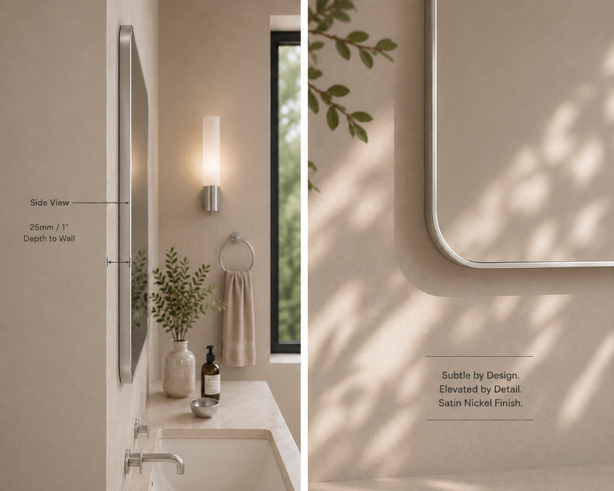 Vante™ Curved Rectangle Mirror in Satin Nickel, 36"x36", side view