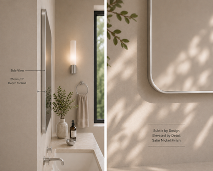 Vante™ Curved Rectangle Mirror in Satin Nickel, 36"x36", side view