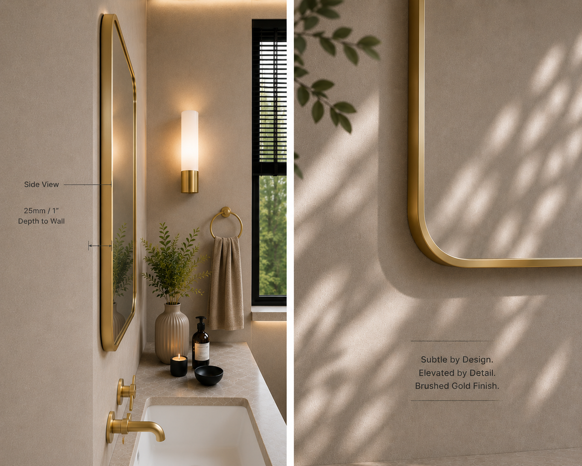 Vante™ Curved Rectangle Mirror in Brushed Gold, 48"x36", side view