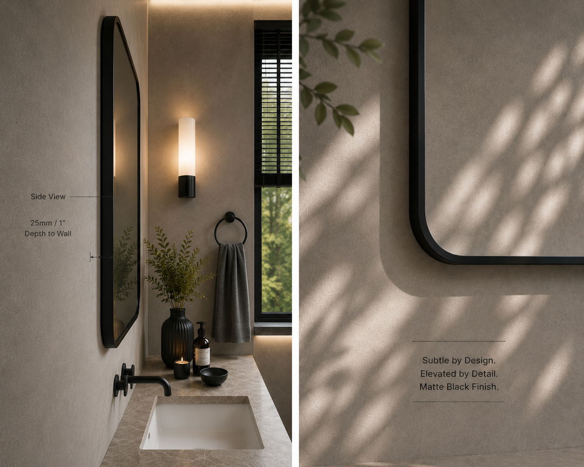 Vante™ Curved Rectangle Mirror in Matte Black, 48"x36", side view