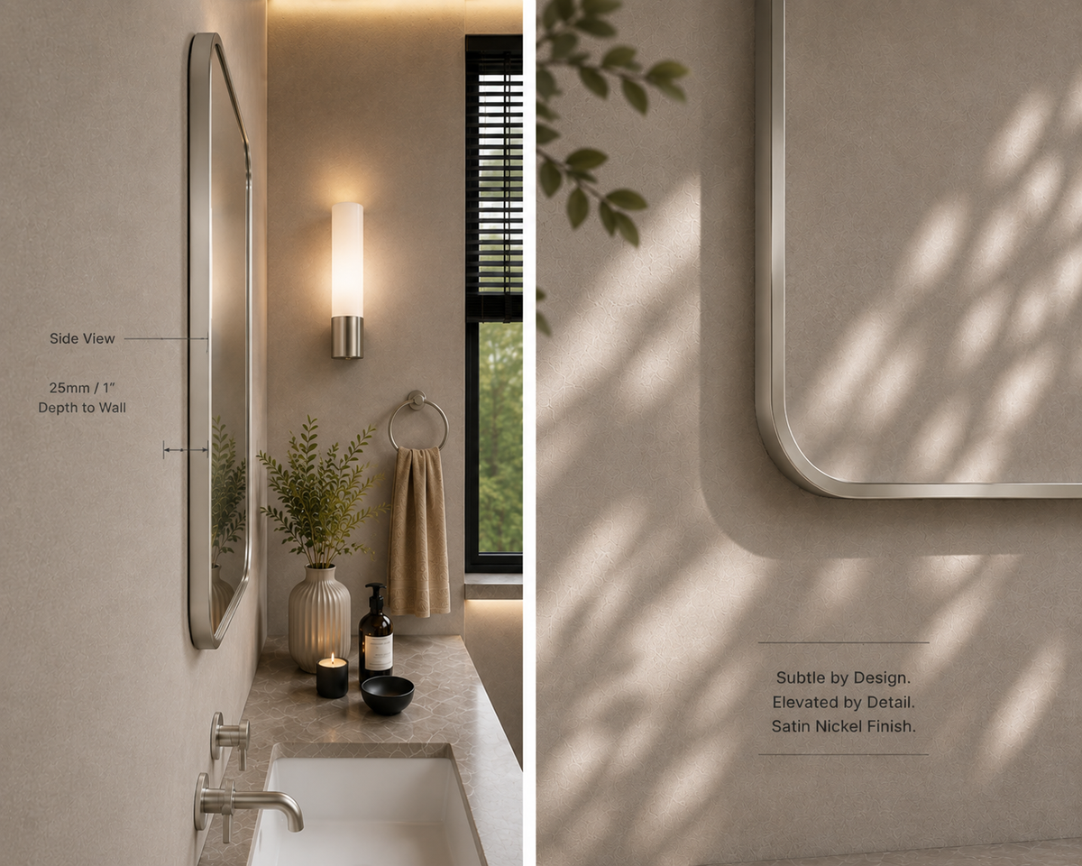 Vante™ Curved Rectangle Mirror in Satin Nickel, 48"x36", side view