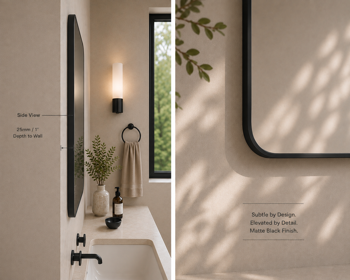 Vante™ Curved Rectangle Mirror in Matte Black, 36"x36", side view